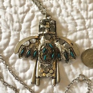 Vintage silverish and turquoise owl totem necklace